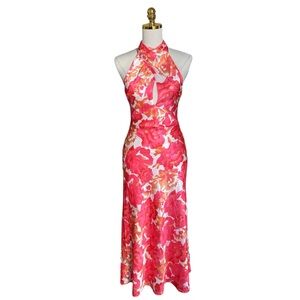Twist Front Babydoll Floral Halter Neck Mermaid Midi Prom Cocktail Flowy Dress 4